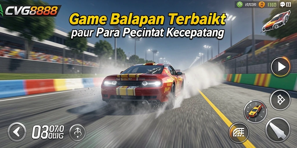 Tangkapan layar gameplay CVG8888 menampilkan balapan mobil yang mendebarkan di trek yang menantang.