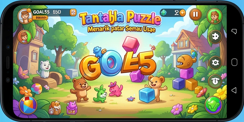 Screenshot utama GOAL55 menampilkan gameplay seru dengan puzzle yang menantang.