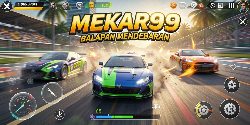 Tangkapan layar gameplay MEKAR99 menunjukkan aksi balapan yang mendebarkan.