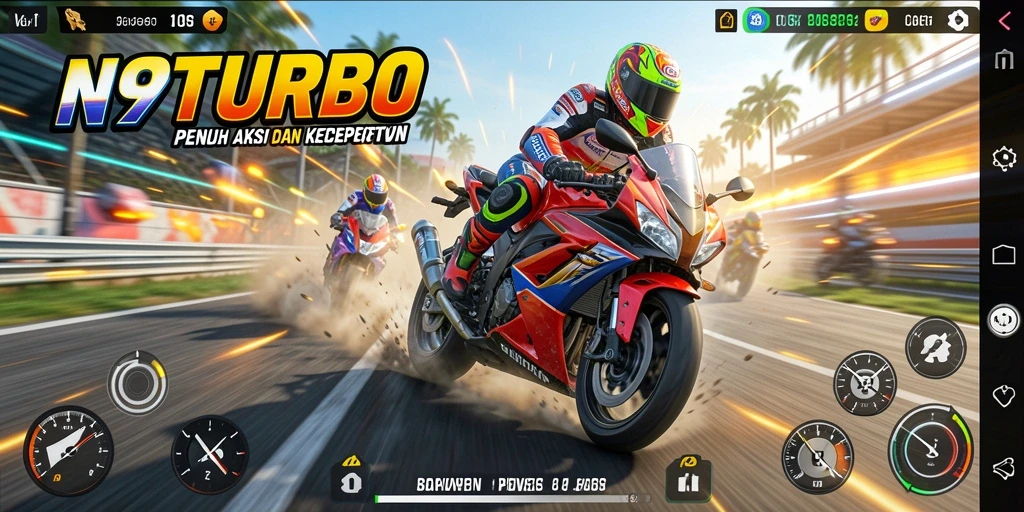 Screenshot gameplay N9TURBO menampilkan balapan motor yang seru.