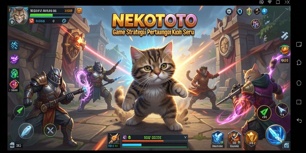 Tampilan gameplay seru dengan pertarungan strategi kucing.