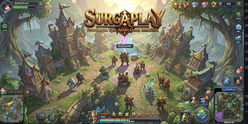 Gameplay SURGAPLAY menunjukkan pertempuran epik antar karakter dalam dunia MMORPG.